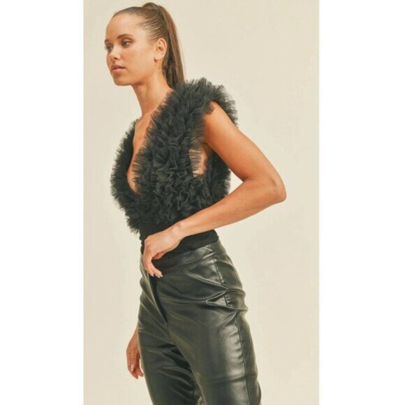 Klesis Women's Small Tulle Ruffled Black Deep-V Organza Bodysuit Sheer NEW - Picture 3 of 16